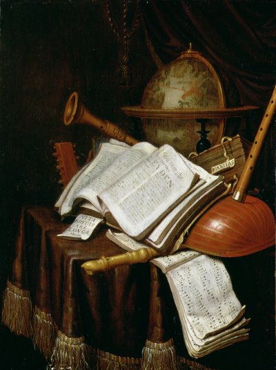 Vanitas mit einem Globus, Musiknoten und Instrumenten, 1692 von Edwaert Colyer or Collier